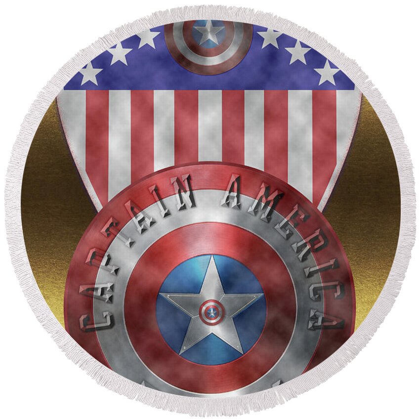 Captain America Shield Round Beach Towel featuring the painting Captain America Shields on Gold by Georgeta Blanaru