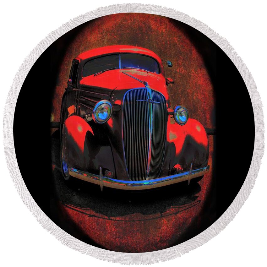 Vintage Car Art Round Beach Towel featuring the mixed media Car Art 0443 Red Oval by Lesa Fine