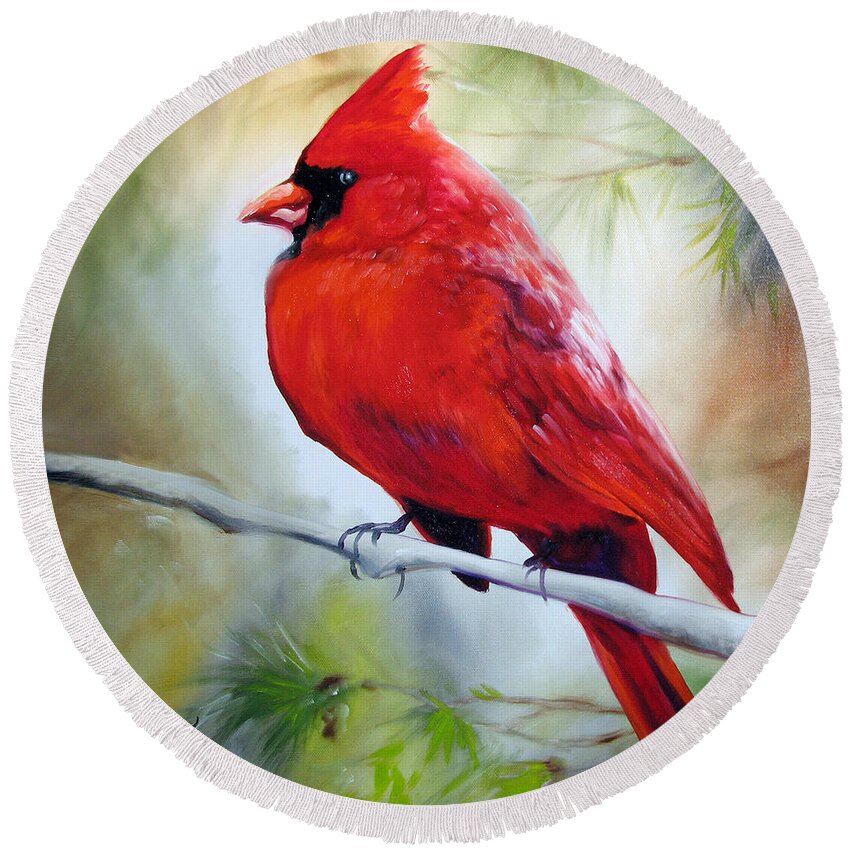Bird Round Beach Towel featuring the painting Cardinal 18 by Marcia Baldwin