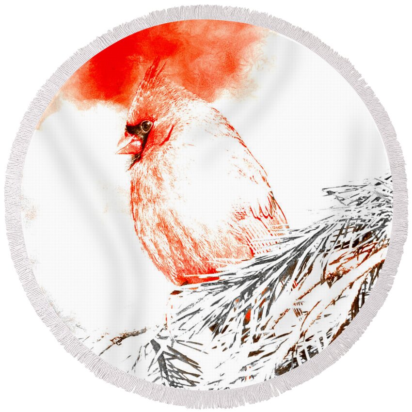 Cardinal Round Beach Towel featuring the digital art Cardinal in Snow by Femina Photo Art By Maggie