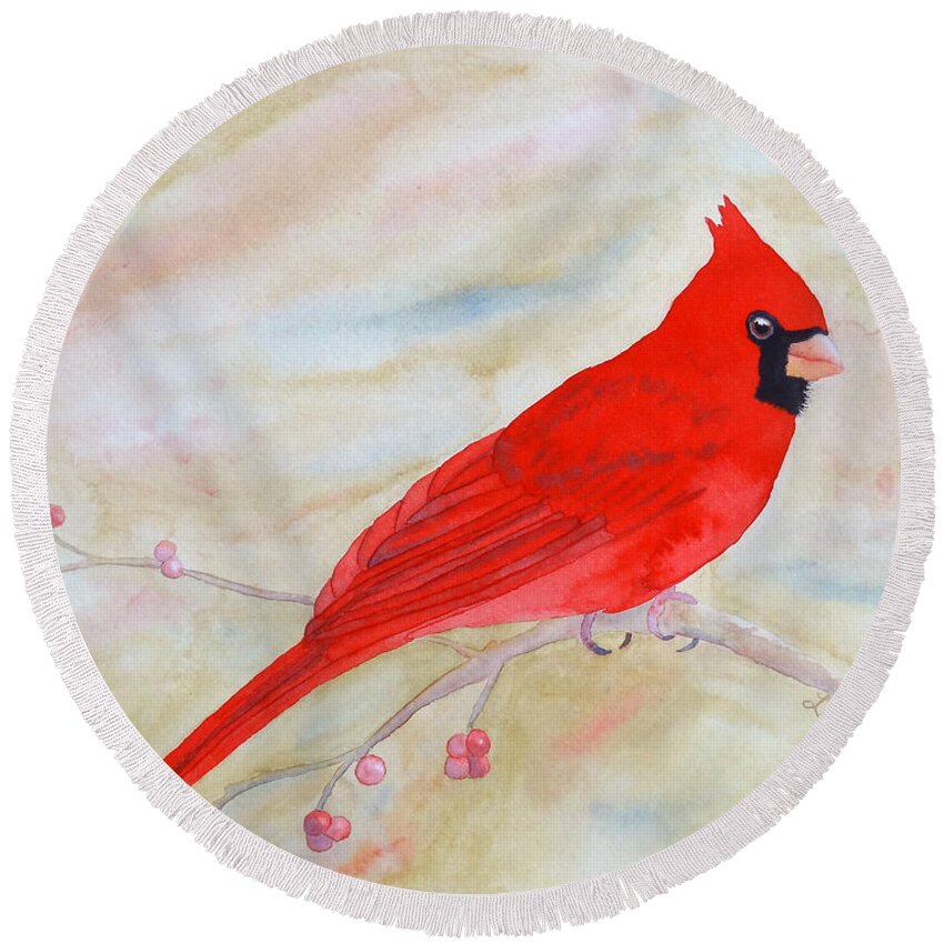Cardinal Round Beach Towel featuring the painting Cardinal Watching by Laurel Best