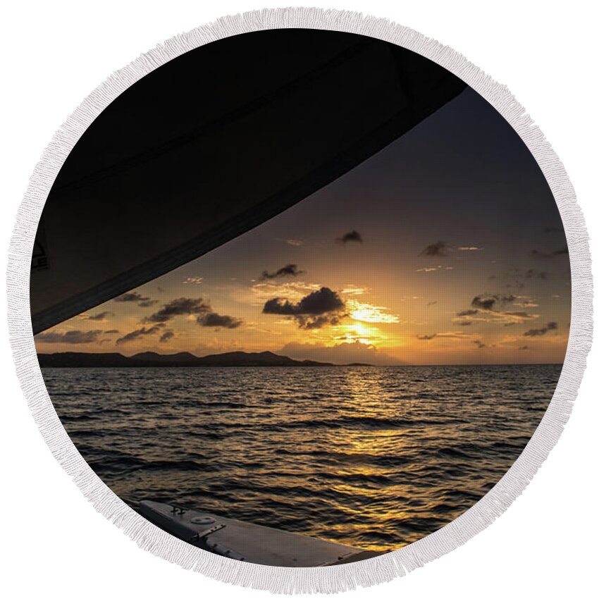 Sunset Round Beach Towel featuring the photograph Caribbean sail St Croix by Greg Wyatt