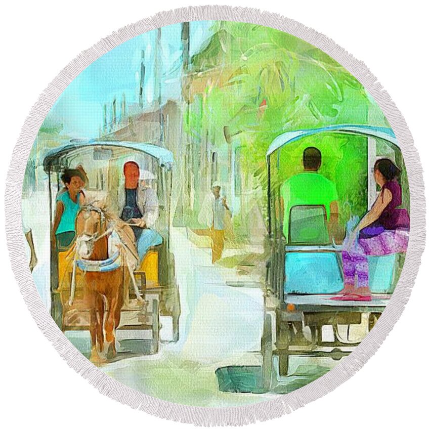 Caribbean Round Beach Towel featuring the painting CARIBBEAN SCENES - Carriage Ride by Wayne Pascall