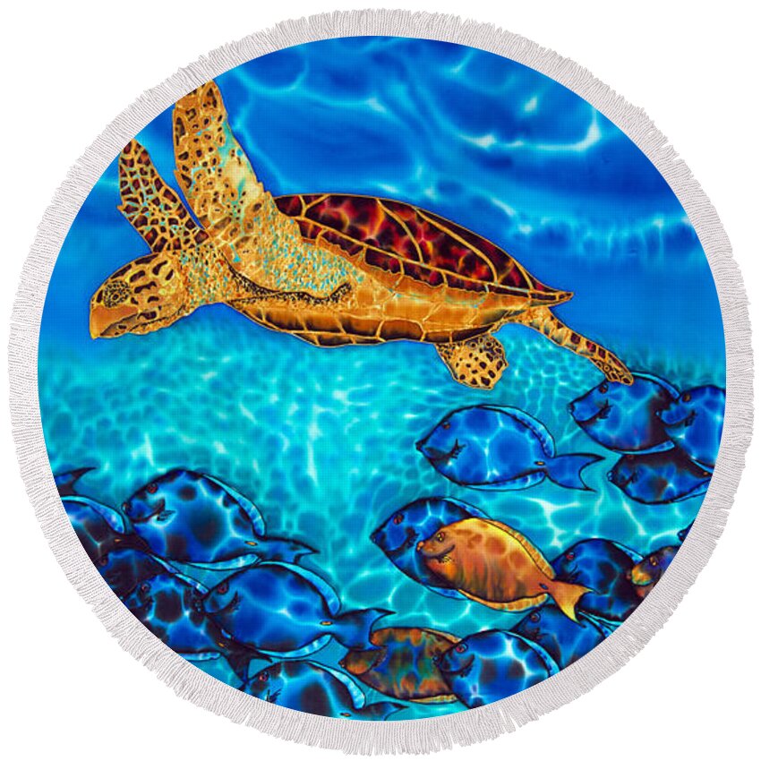 Turtle Round Beach Towel featuring the painting Caribbean Sea Turtle and Reef Fish by Daniel Jean-Baptiste