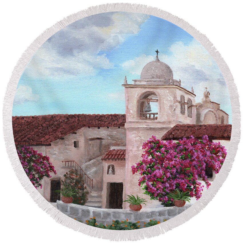 California Round Beach Towel featuring the painting Carmel Mission in Spring by Laura Iverson