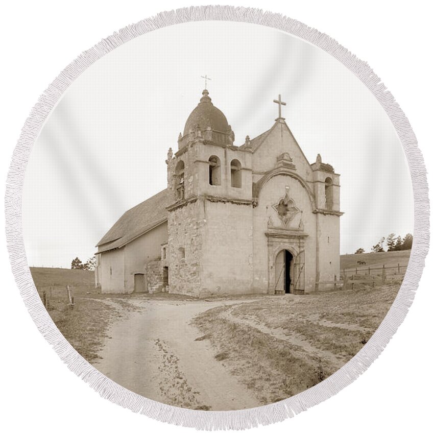 Carmel Mission Round Beach Towel featuring the photograph Carmel Mission South side Circa 1915 by Monterey County Historical Society