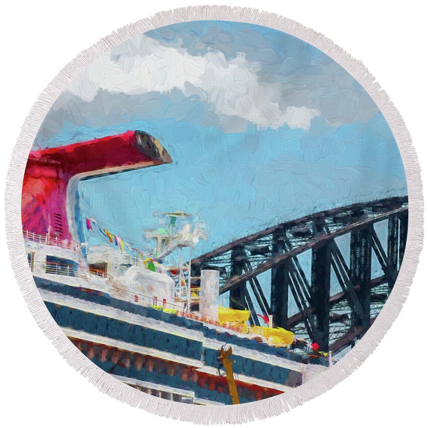 Carnival Spirit Round Beach Towel featuring the photograph Carnival Spirit and Harbour Bridge by Sheila Smart Fine Art Photography