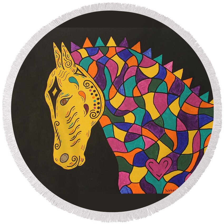 Horse Round Beach Towel featuring the painting Carnival Stained Glass Tribal Horse by Susie WEBER