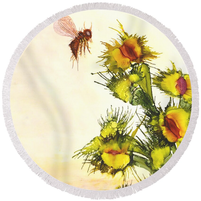 Encaustic Round Beach Towel featuring the painting Carnivorous by Jennifer Creech