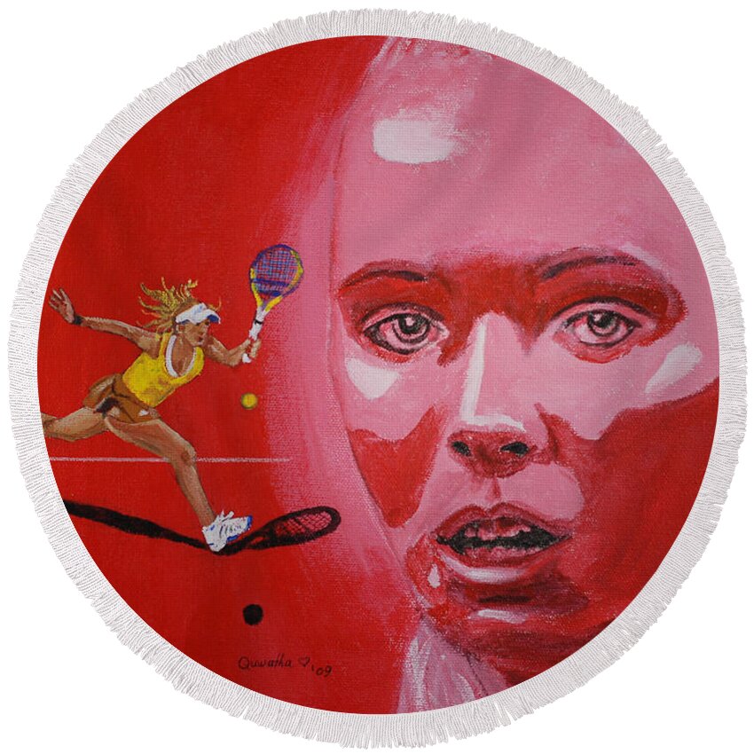 Tennis Round Beach Towel featuring the painting Caroline Wozniacki by Quwatha Valentine