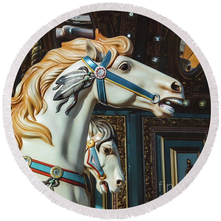 Carousels Round Beach Towel featuring the photograph Carousel Horse Head by Colleen Kammerer