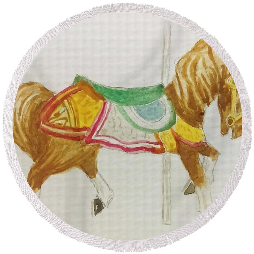 Horse Round Beach Towel featuring the painting Carousel Horse by Stacy C Bottoms
