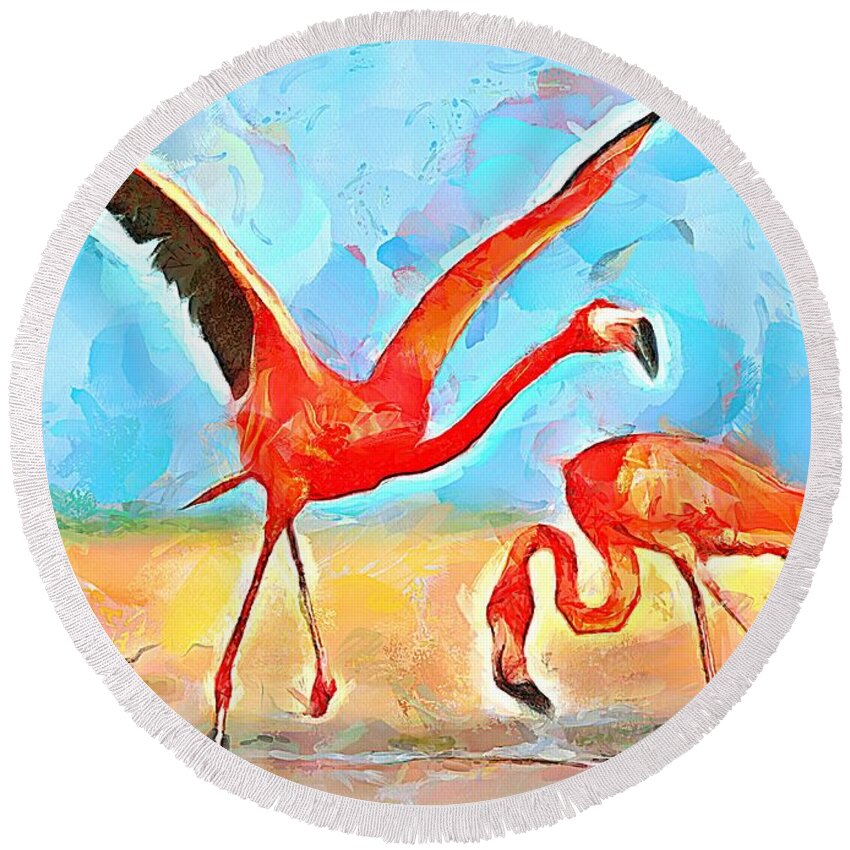 Caribbean Round Beach Towel featuring the painting CARIBBEAN SCENES - Trinidad's Scarlet Ibis/Flamingo by Wayne Pascall
