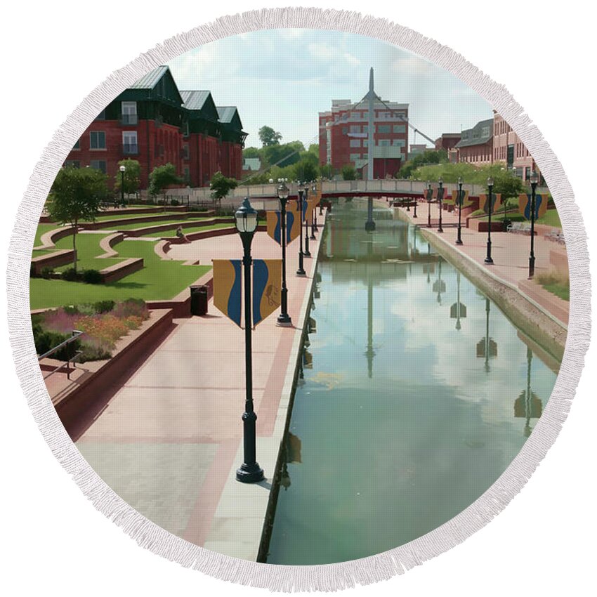 Carroll Creek Round Beach Towel featuring the digital art Carroll Creek Park in Frederick Maryland with watercolor effect by William Kuta