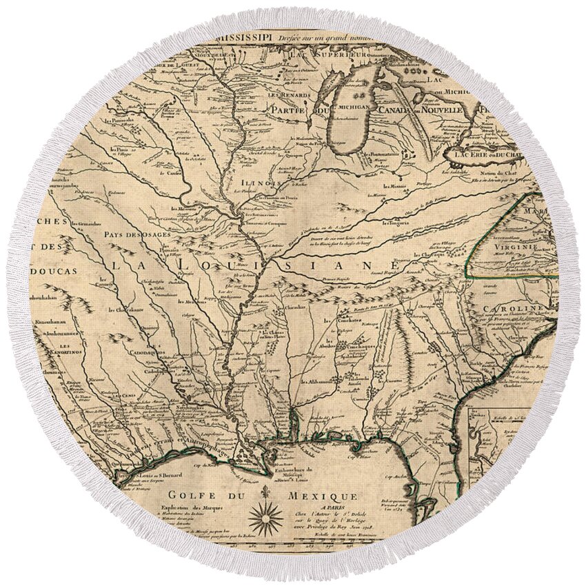 Map Round Beach Towel featuring the digital art Carte de la Louisiane et du cours du Mississipi 1718 by Texas Map Store