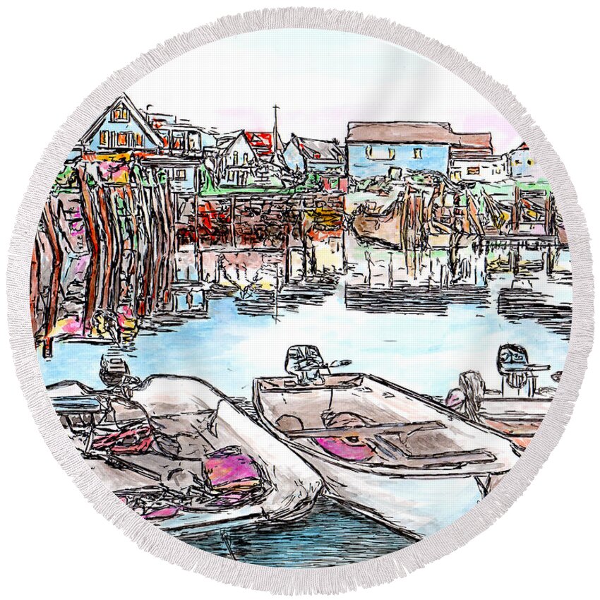 Pen Round Beach Towel featuring the drawing Carvers Harbour with Boats , Vinal Haven, Maine by Michele A Loftus