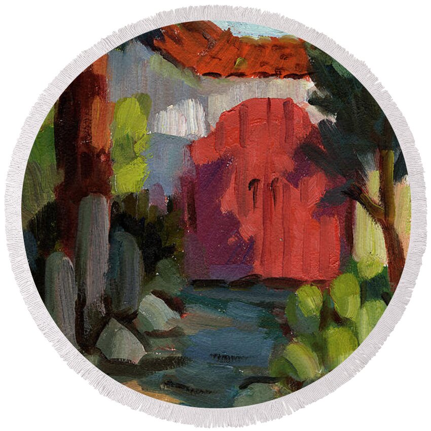 Casa Tecate Round Beach Towel featuring the painting Casa Tecate Gate by Diane McClary