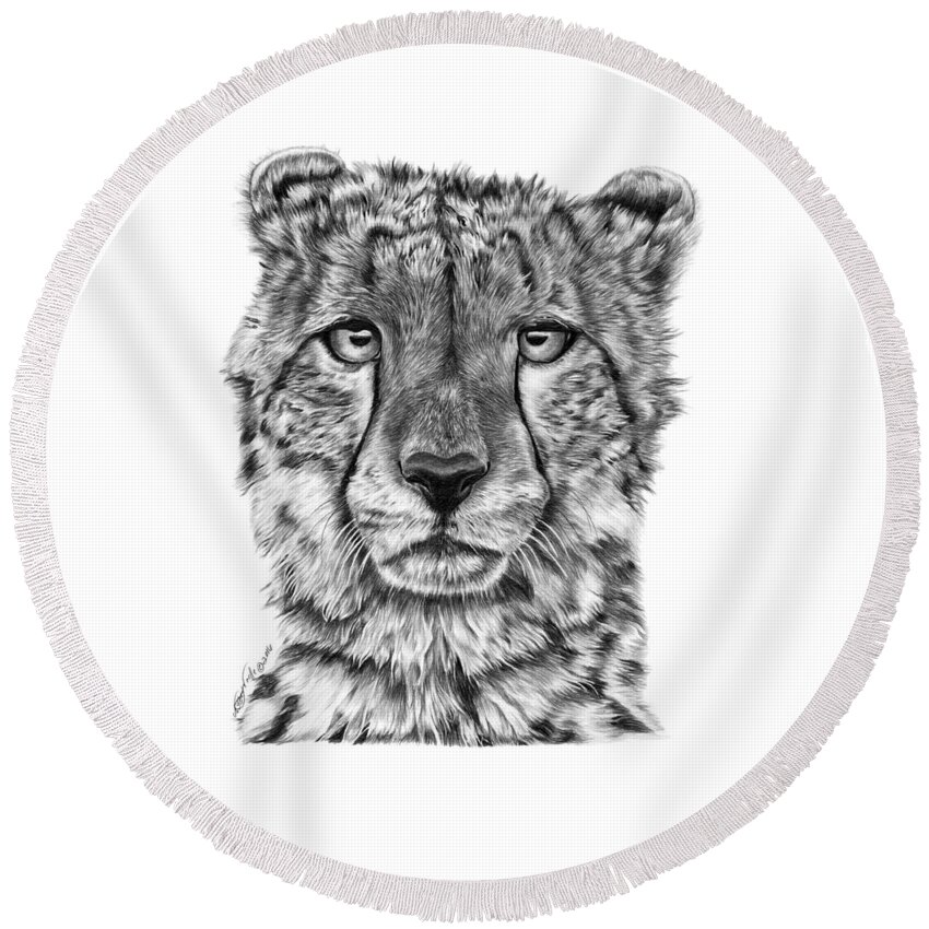 Cheetah Round Beach Towel featuring the drawing Cassandra the Cheetah by Abbey Noelle