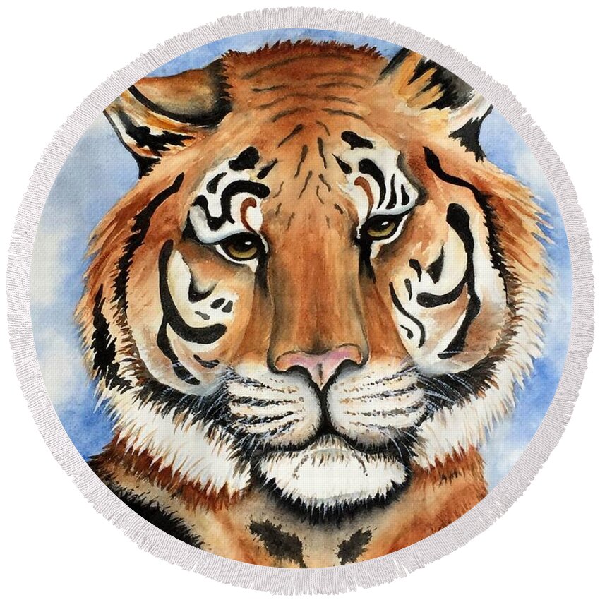 Tiger Round Beach Towel featuring the painting Cassie the Tiger by Lyn DeLano
