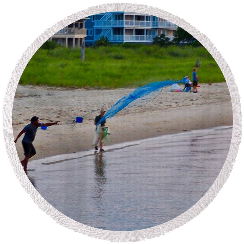 Fisherman Round Beach Towel featuring the photograph Casting his Net by Shawn M Greener