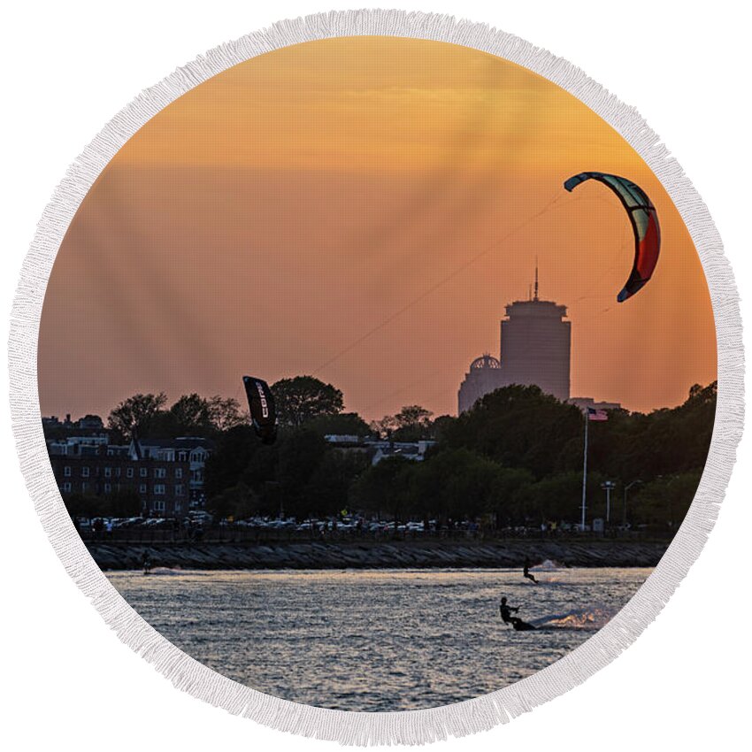  Round Beach Towel featuring the photograph Castle Island Kite Boarded Boston MA Sunset 2 by Toby McGuire