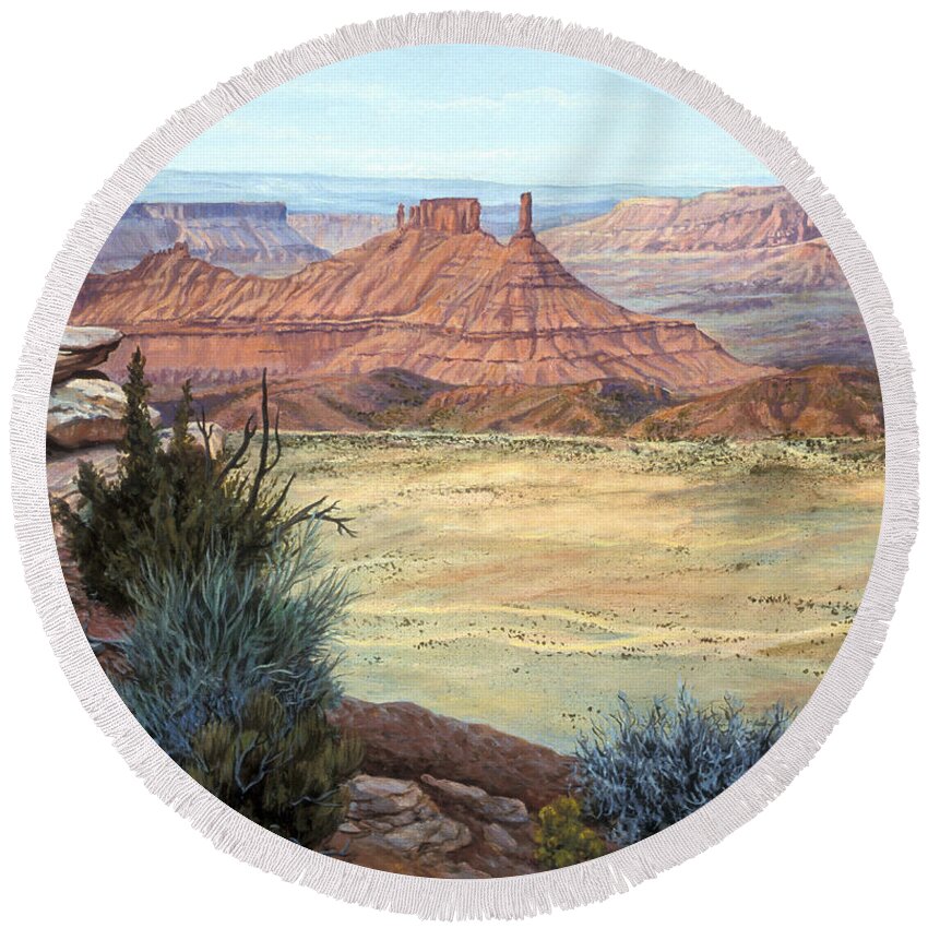 Landscape Round Beach Towel featuring the painting Castle Rock IV by Page Holland
