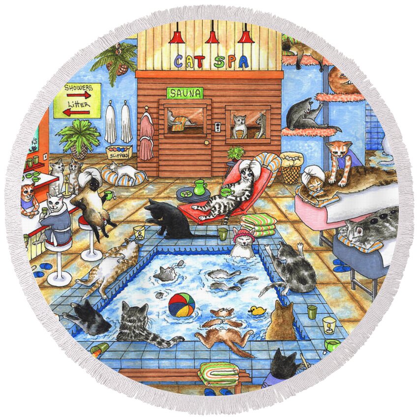 Cat Round Beach Towel featuring the painting Cat 635 Cat Spa by Lucie Dumas