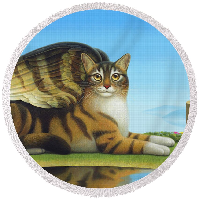 Cat Round Beach Towel featuring the painting Cat and Mouse by Chris Miles