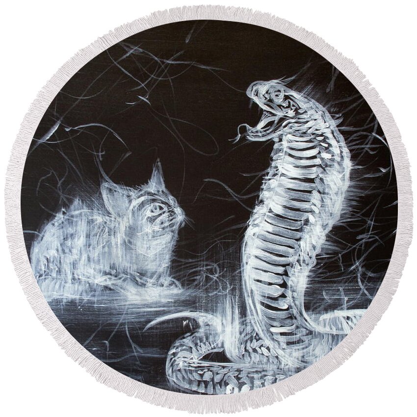 Cat Round Beach Towel featuring the painting Cat And Snake by Fabrizio Cassetta