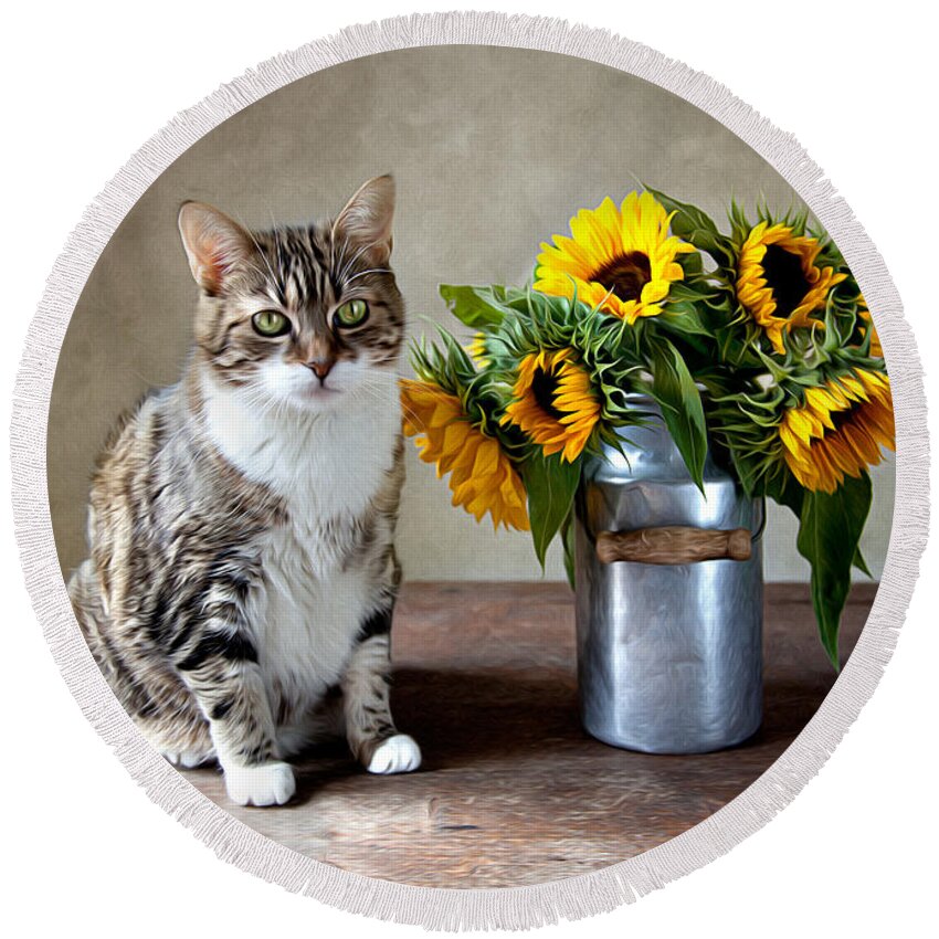 Cat Round Beach Towel featuring the painting Cat and Sunflowers by Nailia Schwarz