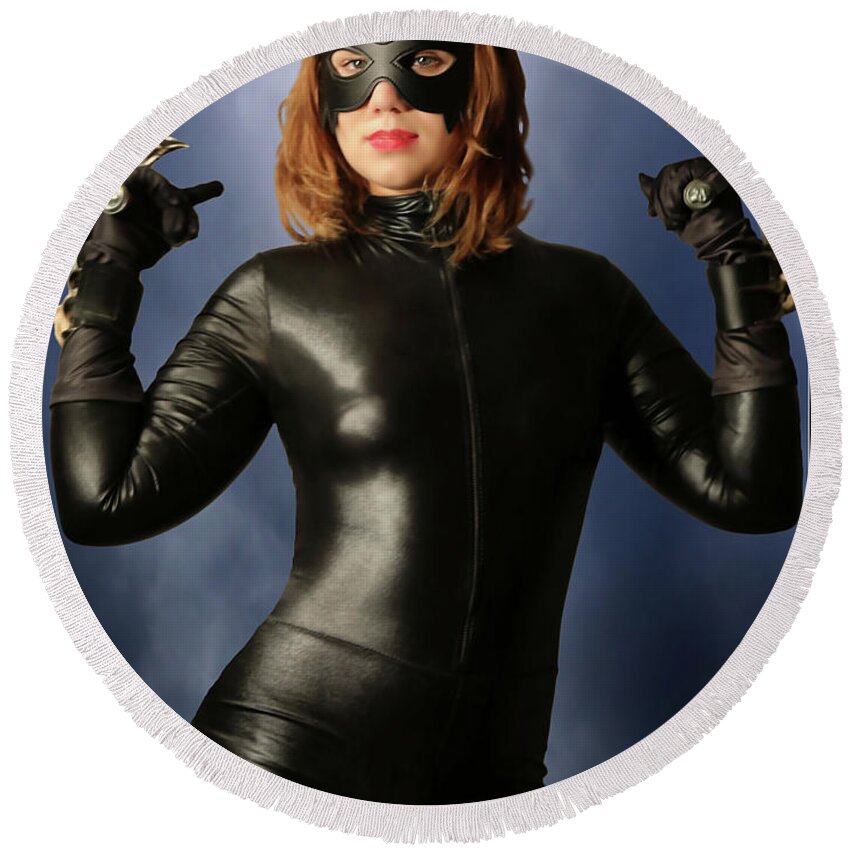Cat Woman Round Beach Towel featuring the photograph Cat Claws And Mask by Jon Volden