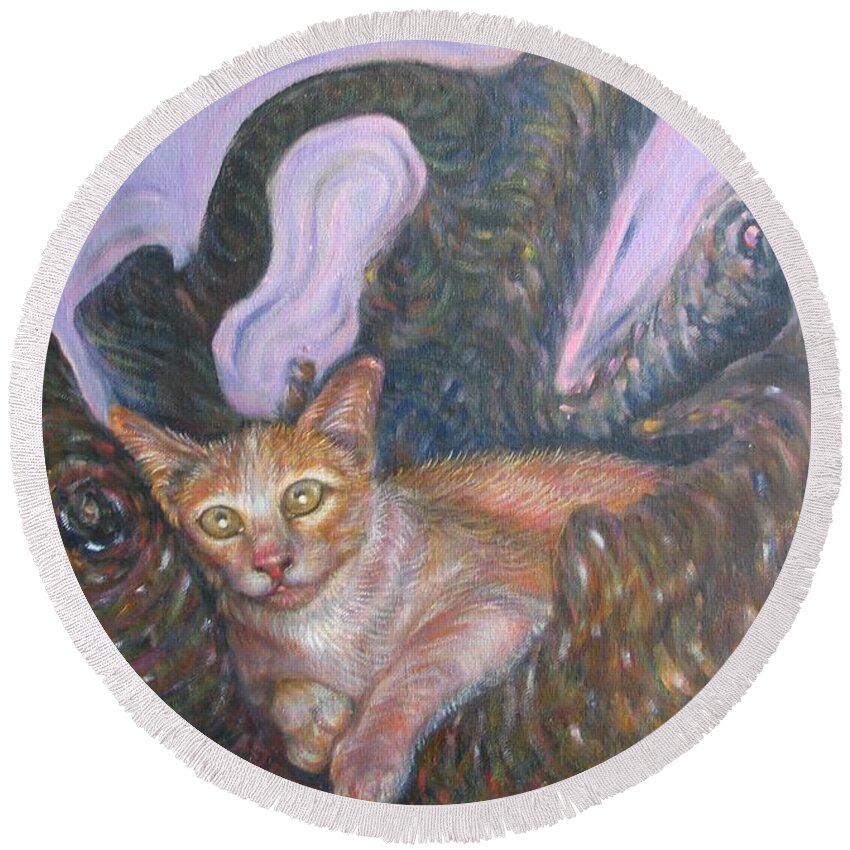 Cat Round Beach Towel featuring the painting CAT In The Wonder Land by Sukalya Chearanantana