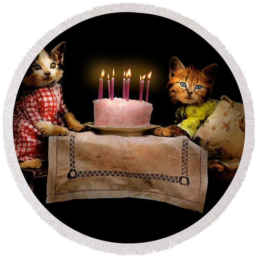 Cat Round Beach Towel featuring the photograph Cat - It's our birthday - 1914 by Mike Savad