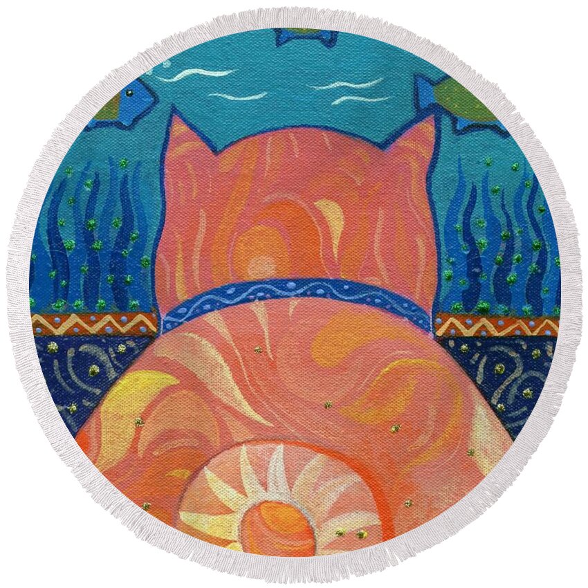 Cat Round Beach Towel featuring the painting Cat Tales by Helena Tiainen