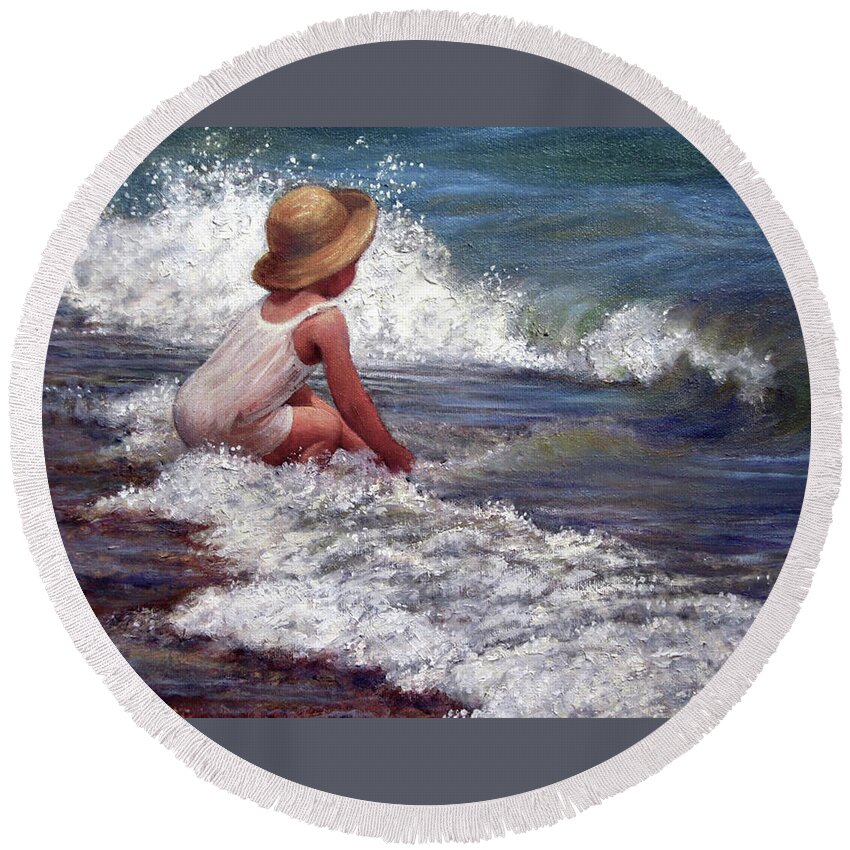 Children Round Beach Towel featuring the painting Catching the Wave by Marie Witte