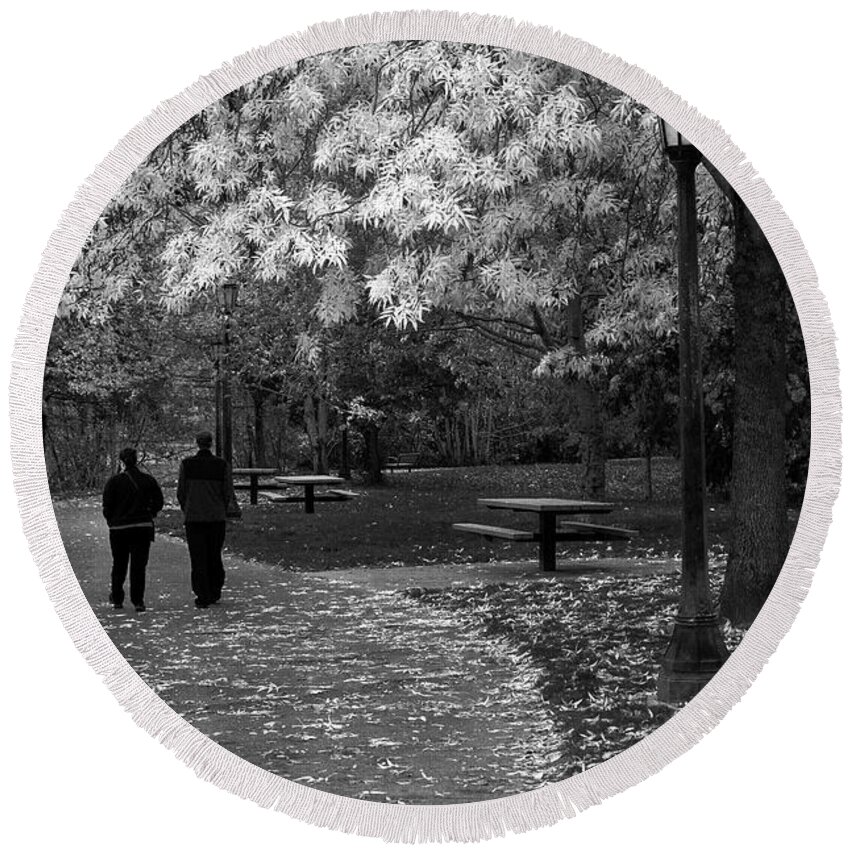 Landscapes Round Beach Towel featuring the photograph Cathedral Park in Fall BW by Steven Clark