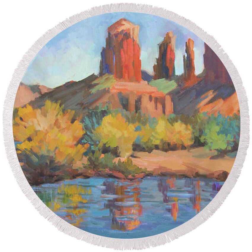 Cathedral Rock Round Beach Towel featuring the painting Moonrise Cathedral Rock Sedona by Diane McClary