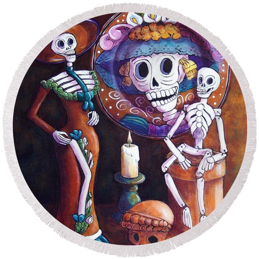 Dia De Los Muertos Round Beach Towel featuring the painting Catrina Group by Candy Mayer