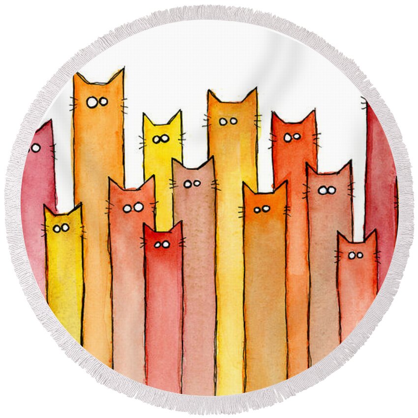Watercolor Round Beach Towel featuring the painting Cats Autumn Colors by Olga Shvartsur