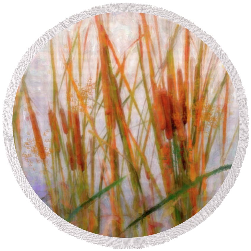 Cattails Round Beach Towel featuring the photograph Cattails By The Lake by Betty LaRue