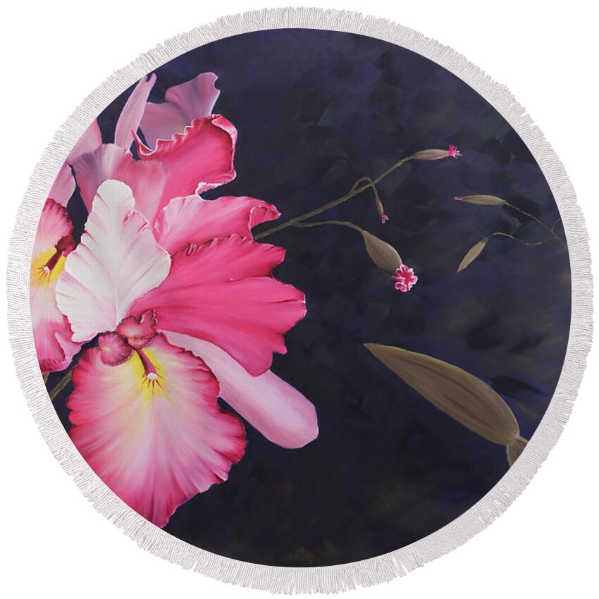 Orchid Round Beach Towel featuring the painting Cattleya by Stephen Daddona