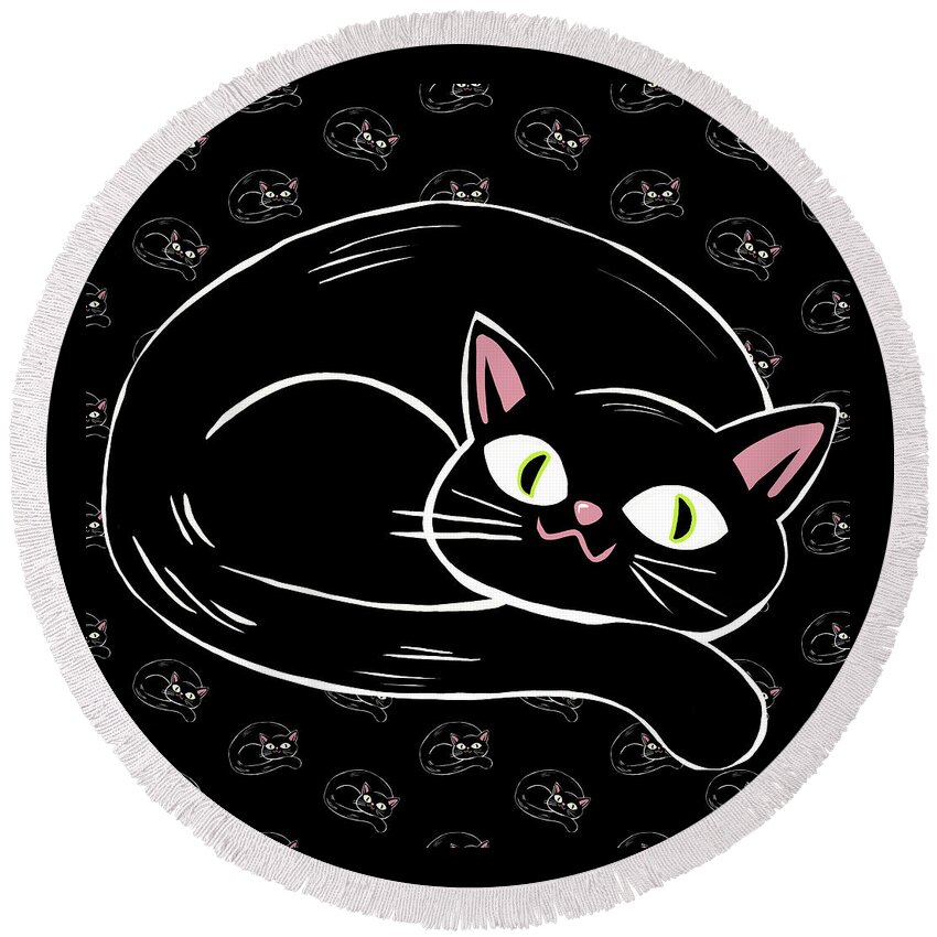 Cat Round Beach Towel featuring the painting Cattywampus Black Cat Pattern by Little Bunny Sunshine