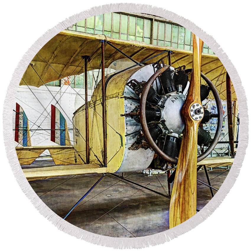 Caudron G3 Round Beach Towel featuring the photograph Caudron G3 Propeller and Cockpit - Vintage by Weston Westmoreland