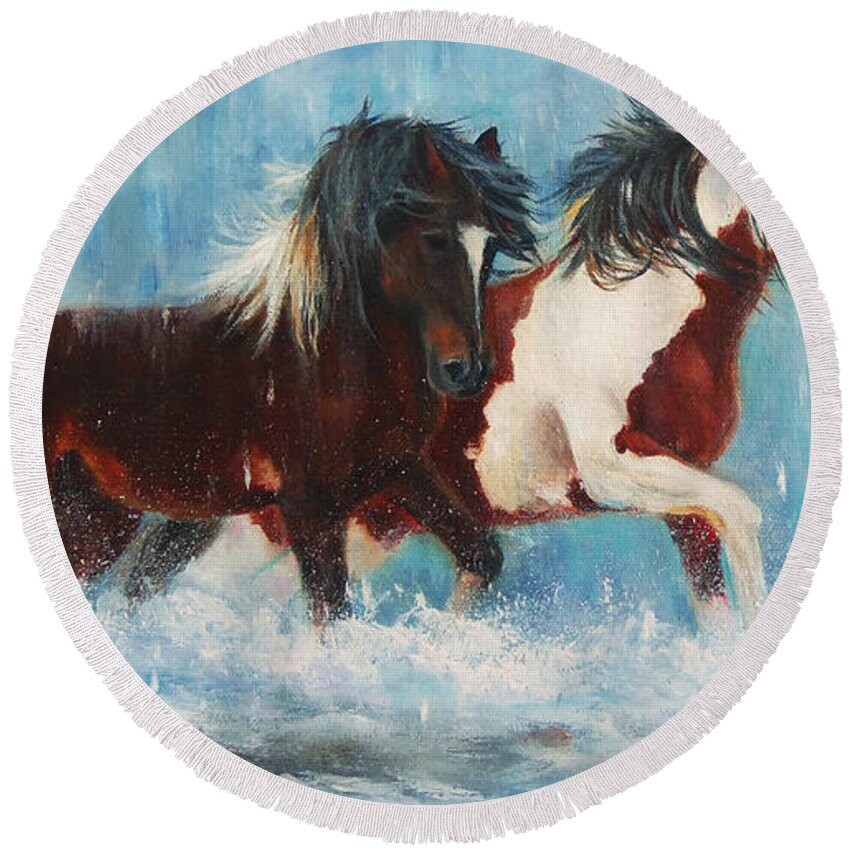 Wild Horses Caught In The Rain Round Beach Towel featuring the painting Caught In The Rain close up by Karen Kennedy Chatham