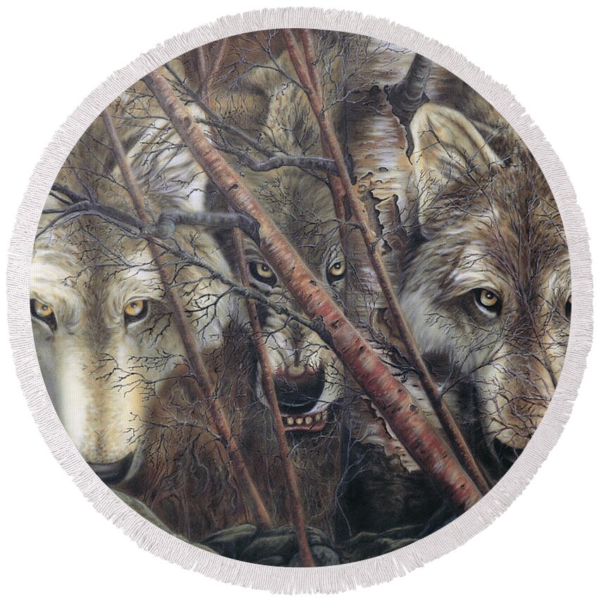 Wolves Round Beach Towel featuring the painting Caution, Fear, and Curiosity by Wayne Pruse