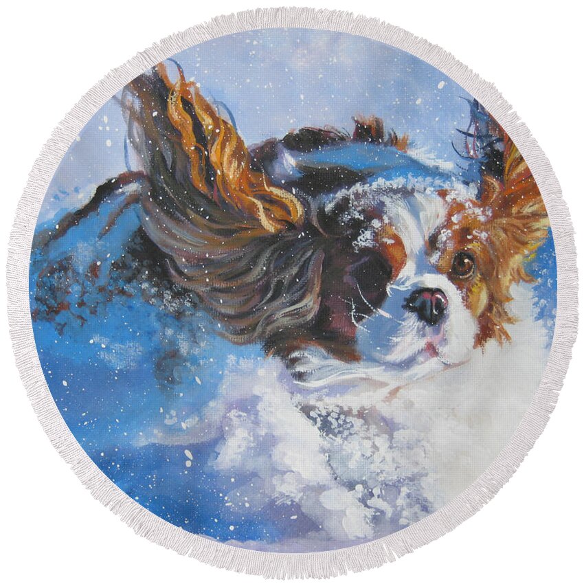 Dog Round Beach Towel featuring the painting Cavalier King Charles Spaniel blenheim in snow by Lee Ann Shepard