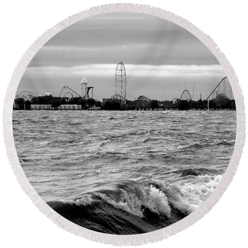 Cedar Point Round Beach Towel featuring the photograph Cedar Point on the Lake Black and White by Angela Murdock