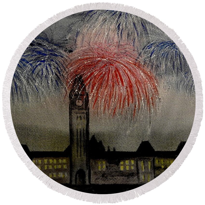Fireworks Round Beach Towel featuring the painting Celebrate by Betty-Anne McDonald