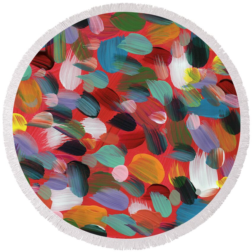 Abstract Round Beach Towel featuring the painting Celebration Day- Art by Linda Woods by Linda Woods