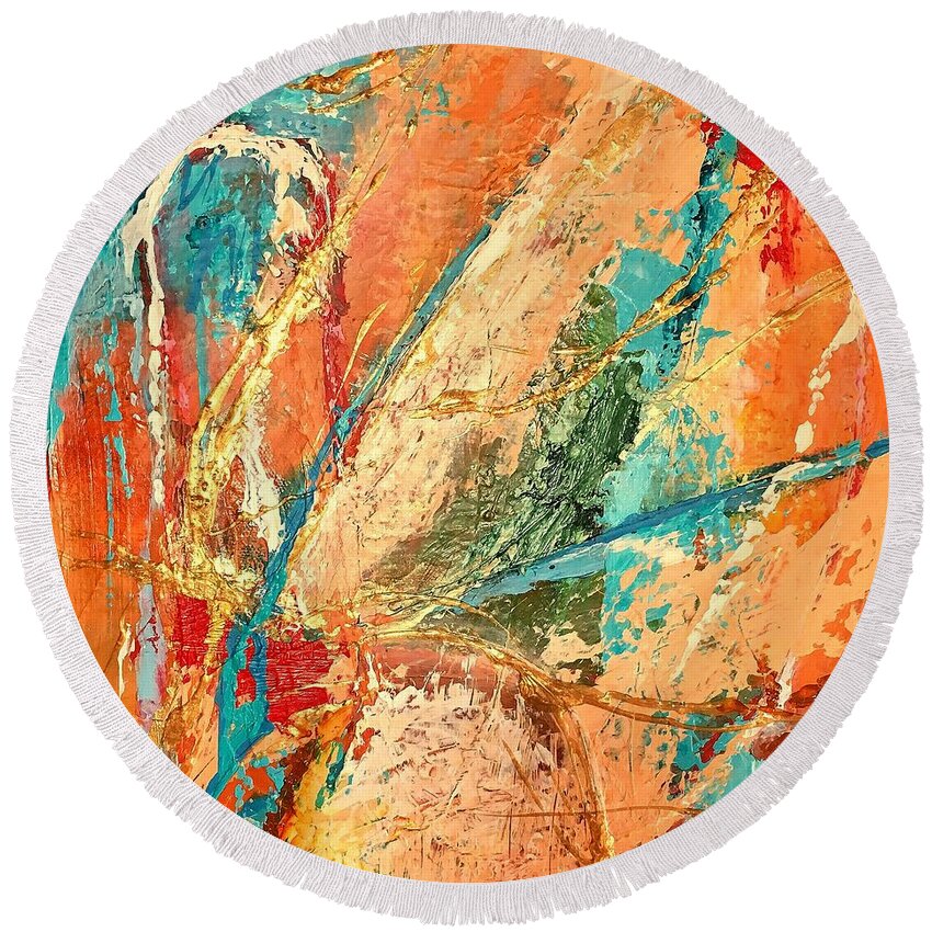 Abstract Round Beach Towel featuring the painting Celestial Choir no 2 by Mary Mirabal
